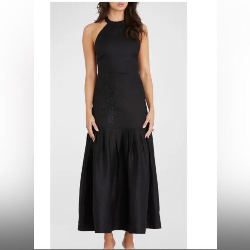 NWT Embroidered Carmen Black Halter Linen Maxi Dress with Tie Back
